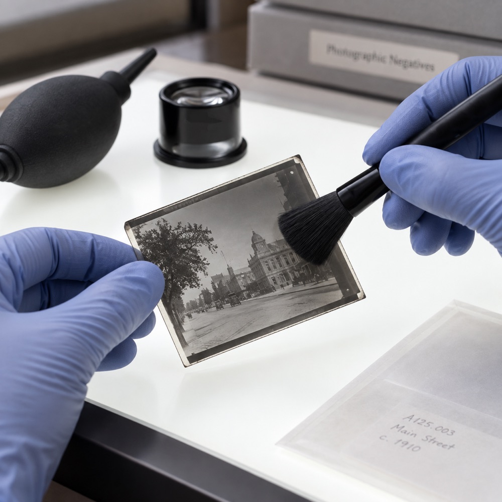 Gloved hands examining a historic photographic negative with a brush and loupe
