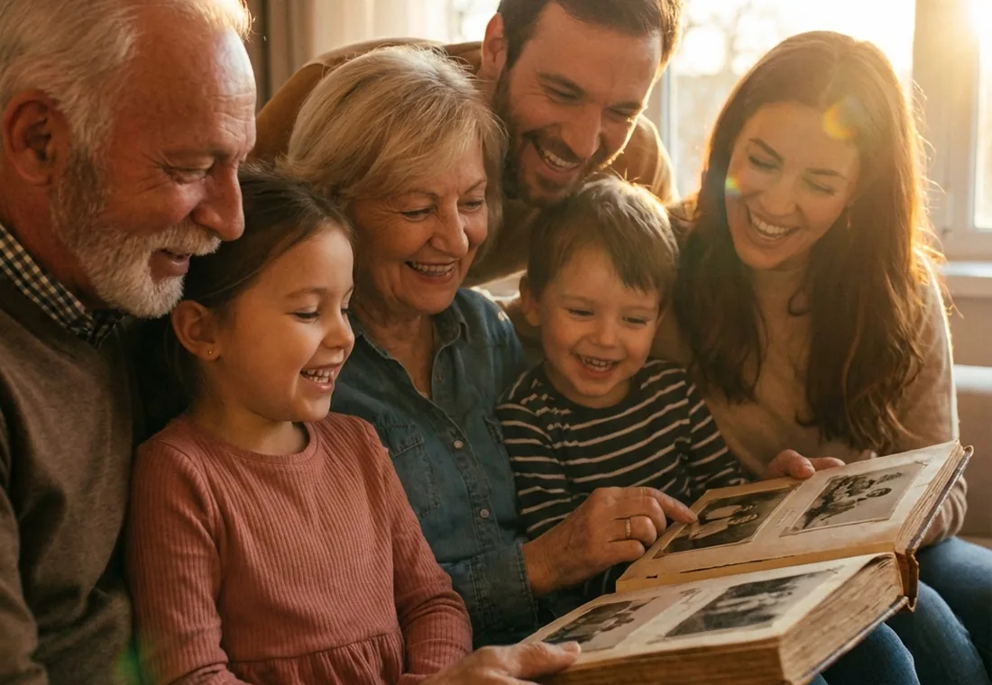 A family sharing old photographs across three generations